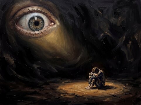 Surreal dark fantasy painting of a giant eye watching a lonely huddled figure in a spotlight