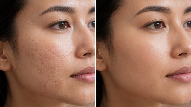 Close up face of asian woman showing scarred textured acne skin on left and smooth skin on right side.