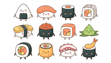 Cute cartoon sushi and onigiri character set with smiling faces emoji including nigiri maki roll uramaki wasabi shrimp tempura vector © motiur
