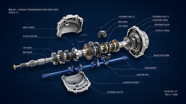 Detailed Exploded View of Manual Transmission Gearbox with Shaft Components