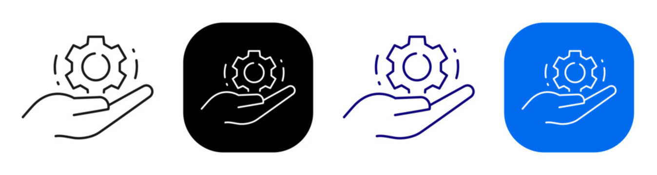 Hand holding single gear for technical support service and process maintenance. Line, filled, black, color set. Editable stroke