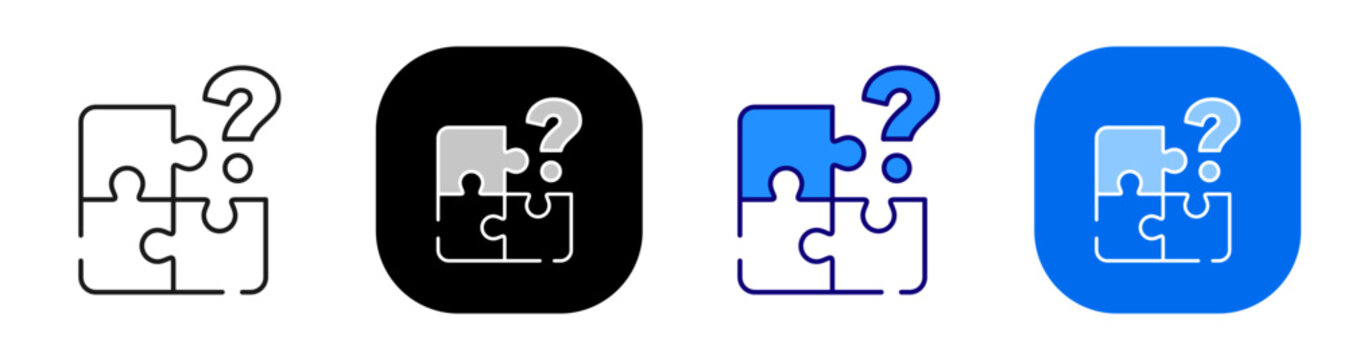 Puzzle pieces with question mark for problem solving inquiry and missing answer. Line, filled, black, color set. Editable stroke