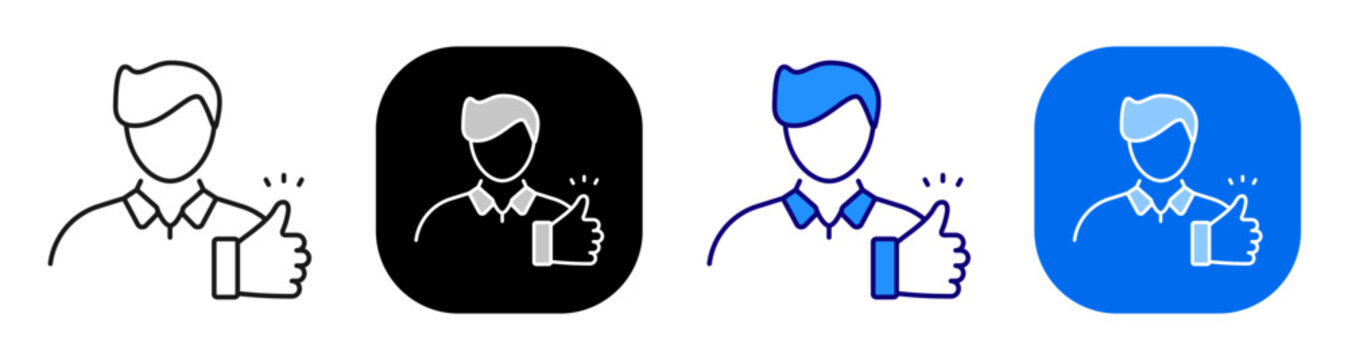 Person giving thumbs up for user approval recommendation and positive feedback. Line, filled, black, color set. Editable stroke
