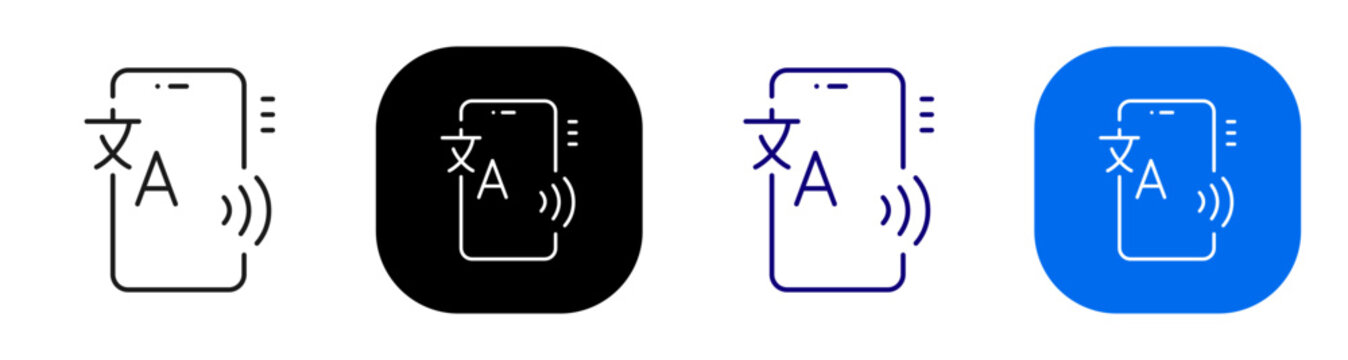 Mobile translation device for language conversion and spoken communication. Line, filled, black, color set. Editable stroke