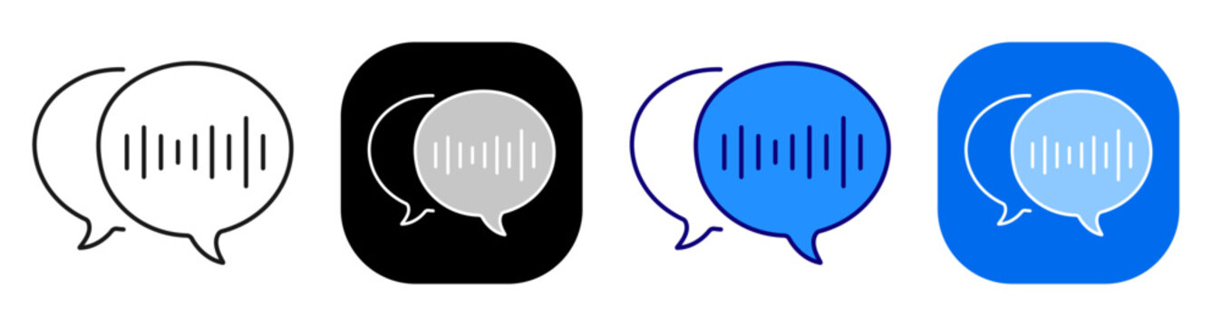 Speech bubbles with audio waveform for voice message conversation recording. Line, filled, black, color set. Editable stroke
