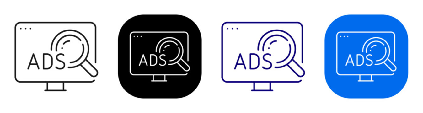 ADS monitor with magnifying glass for advertising search and campaign review. Line, filled, black, color set. Editable stroke