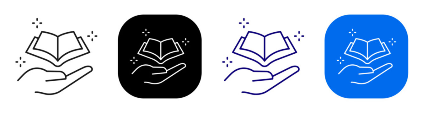 Hand presenting open book for education support learning and knowledge sharing. Line, filled, black, color set. Editable stroke