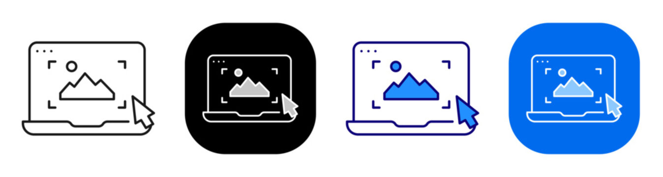 Laptop media selection with cursor for picture editing and placement control. Line, filled, black, color set. Editable stroke
