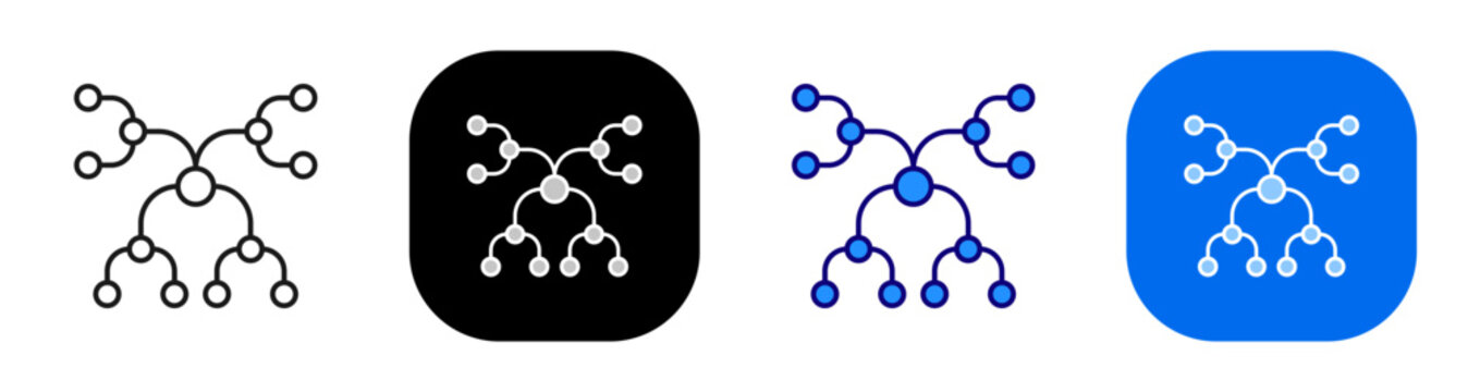 Complex branching network for data hierarchy and connected architecture. Line, filled, black, color set. Editable stroke