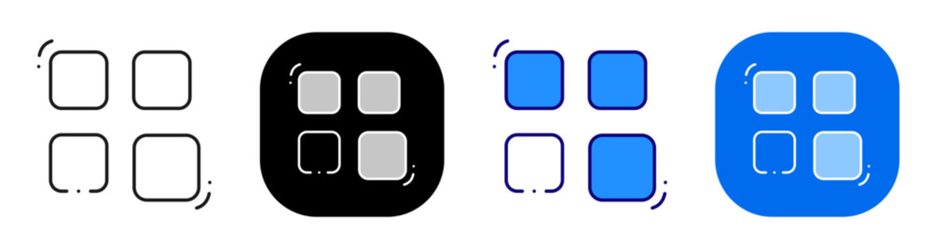 Four square grid for app menu dashboard item layout and navigation access. Line, filled, black, color set. Editable stroke