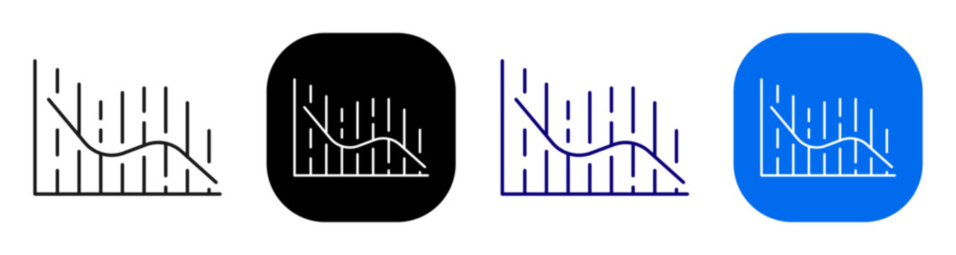 Bar chart with curved trend for analytics report measurement and data movement. Line, filled, black, color set. Editable stroke