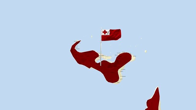Tonga map rendered with waving national flag motion video footage