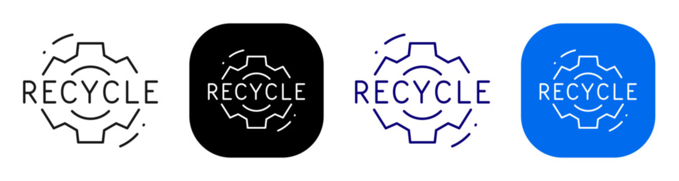 Recycle text with gear for waste processing and circular resource system. Line, filled, black, color set. Editable stroke