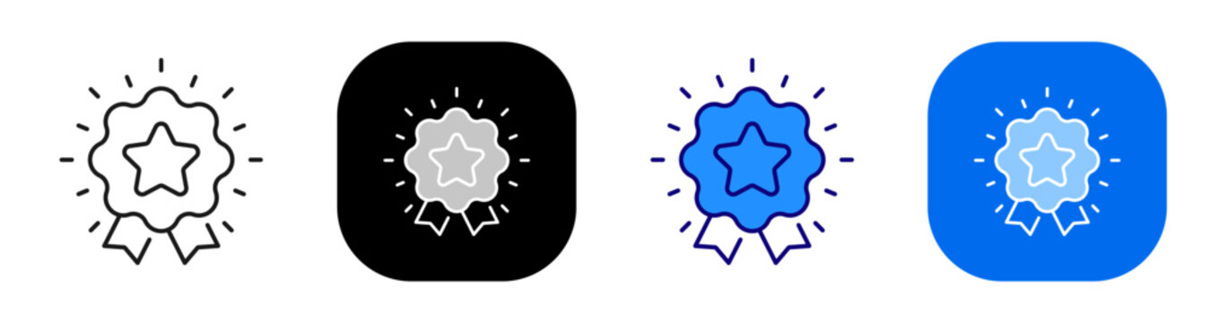 Award medal with star for achievement recognition prize and success honor. Line, filled, black, color set. Editable stroke
