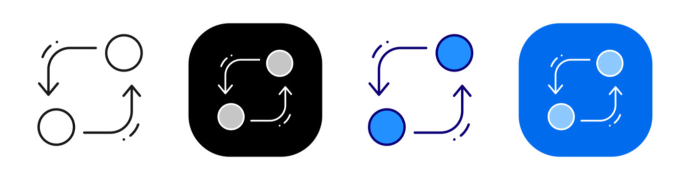 Two connected nodes with arrows for data exchange transfer and sync process. Line, filled, black, color set. Editable stroke