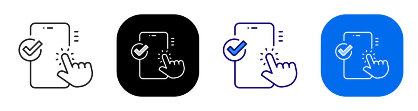 Mobile approval tap for app task confirmation and user validation workflow. Line, filled, black, color set. Editable stroke