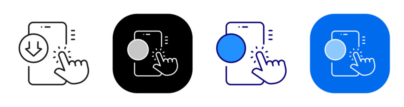 Mobile app touch button for interface action selection and user interaction. Line, filled, black, color set. Editable stroke