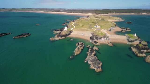 Llanddwyn Island on Anglesey, north Wales, slow aerial orbit.