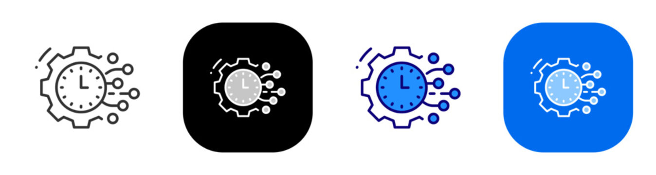 Clock gear network for time management automation scheduling and connected tasks. Line, filled, black, color set. Editable stroke