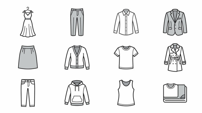 Collection of black and white clothing line art icons.