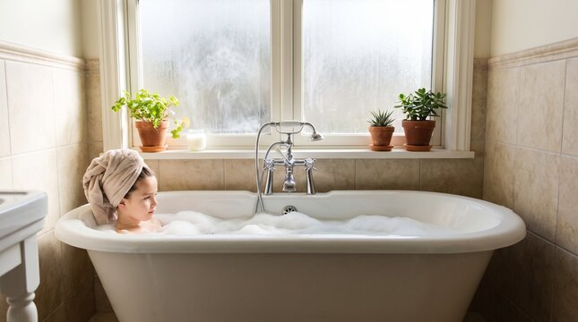 Cute little girl relaxing taking bubble bath with towel wrapped on head home