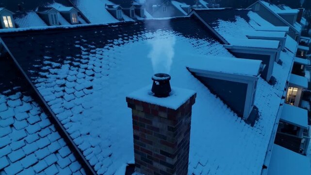 Sending white steam, centered brick chimney reacting to furnace firing over snowy roof at dusk
