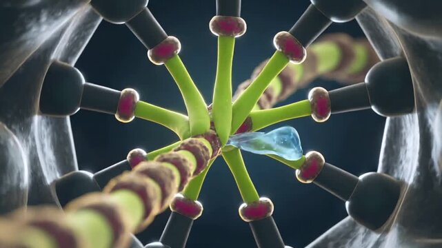 Contacting star-shaped hub, green filament forming vesicle and moving down tunnel carrying cargo