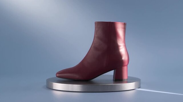 Burgundy Ankle Boot in Moving Studio Light on Metal Pedestal