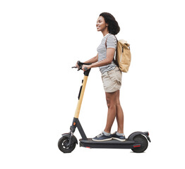 Young beautiful woman riding electric scooter isolated transparent PNG, Smiling student girl on electric scooter, Active lifestyle, eco city transport, travel concept © kite_rin