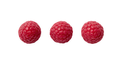 Three fresh ripe red raspberries arranged in a horizontal row © Alex