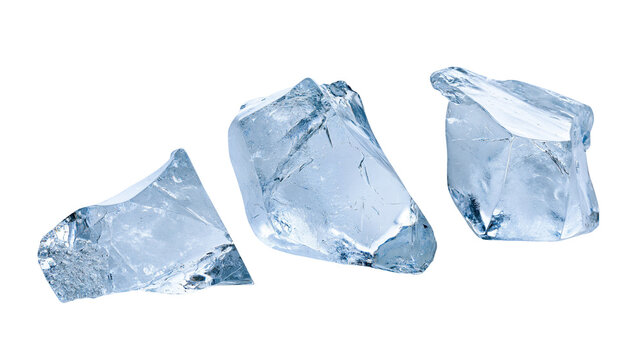 Three jagged translucent blue ice chunks with sharp edges and reflective surfaces