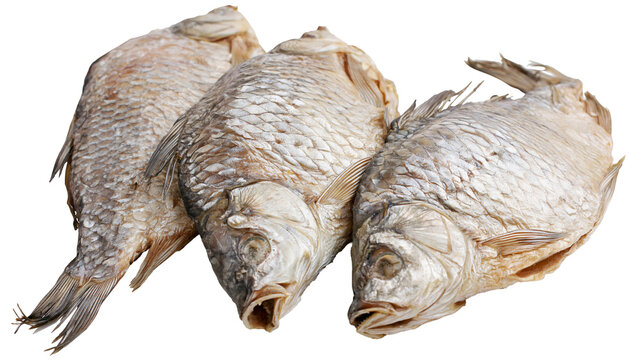 Three whole dried salted crucian carp fish with scales