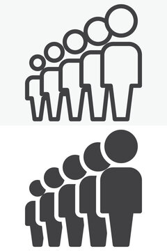 Crowd people icon set with line outline and solid figures arranged by increasing size. Vector icon in different style, editable stroke sign and symbol for queue or team.