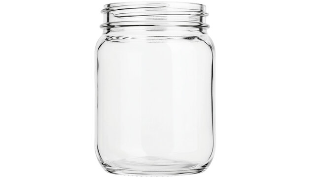 Empty clear glass mason jar with threaded neck and wide mouth opening