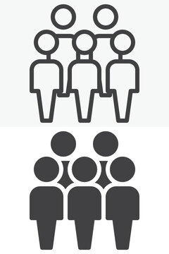 Crowd of people icon set with line outline and solid five human figures, central person in front. Vector icon in different style, editable stroke sign and symbol.