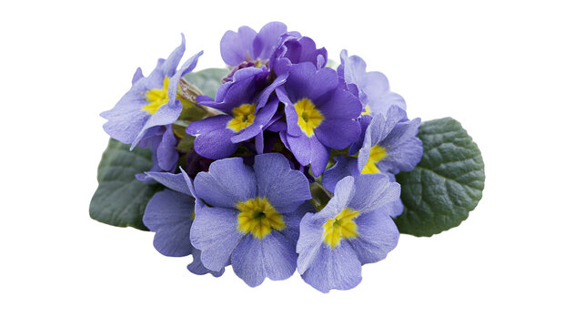 Purple primrose flowers with yellow centers and green leaves