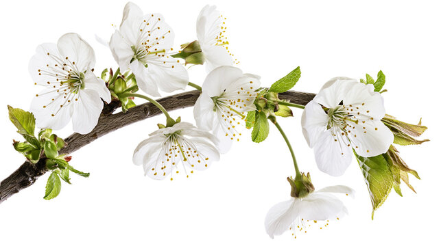 Blooming cherry tree branch with white flowers and fresh green leaves
