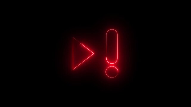 Glowing red neon play button with exclamation mark sign