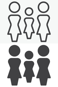 Three women group icon in line, outline and solid styles. Female trio icon with central smaller figure, editable stroke vector sign and symbol for family, team and community.