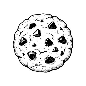 Classic American chocolate chip cookie vector featuring a homemade round cookie with chocolate chips, suitable for bakery, dessert, snack and cafe designs.