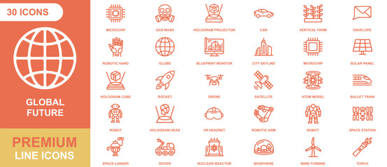 Global future icon sheet, 30 orange line icons featuring technology, robotics, space exploration, and sustainable energy symbols on white background © Gra-fix PNG