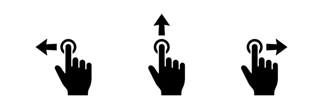 Black silhouette hand icons demonstrating swipe left up and right gestures on a screen