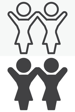 Two people raised hands icon in line, outline and solid styles. Celebrating women icon with editable stroke vector sign and symbol for joy, success and greeting.