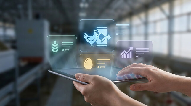 Smart Poultry Farming Concept with Farmer Using Tablet to Monitor Chicken Production Data and Egg Statistics in Modern Industrial Facility