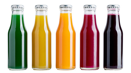 Five glass bottles filled with colorful fruit and vegetable juices and metal caps © Theodore