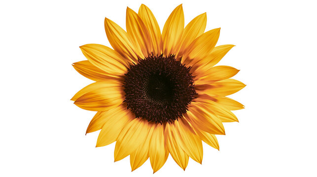 Vibrant yellow sunflower head with dark brown center and pointed petals