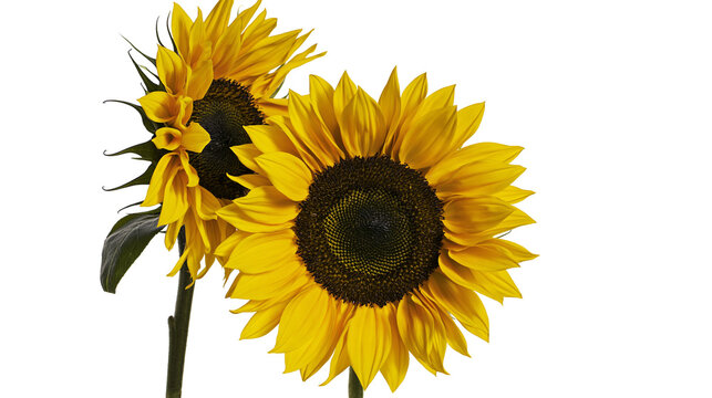 Two vibrant yellow sunflowers with dark brown centers and green stems