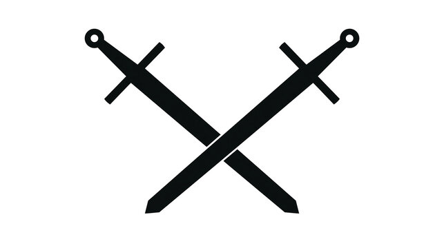 Black silhouette of two crossed medieval swords with pommels and crossguards