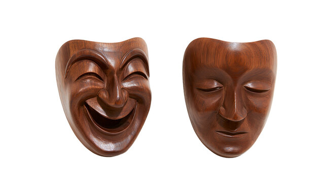 Hand carved wooden theater masks representing comedy and tragedy expressions