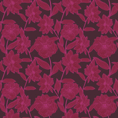 Seamless pattern with handdrawn magenta flowers and leaves on a dark burgundy background, elegant botanical floral wallpaper design © Creativezone